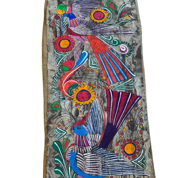 Mexican Folk Art Fancy Bird Painting in Burlap Embroidered Textile Art Panels - Picture 7 of 10